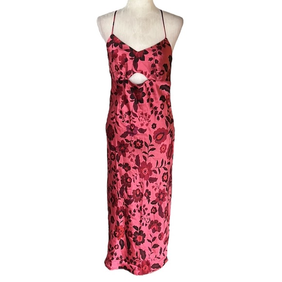 NWT House of Harlow 1960 Pink Floral Satin Midriff Cutout Slip Midi Dress - M - Picture 2 of 12